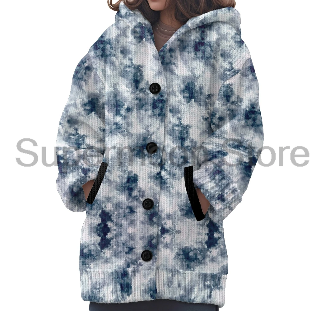 

Кардиган с капюшоном на пуговицах и принтом тай-дай, женская уличная одежда с длинными рукавами, повседневная верхняя одежда, свитер, повседневное зимнее пальто 6,