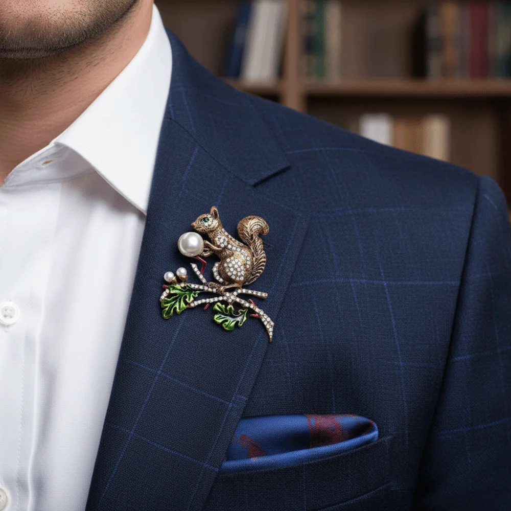 Rhinestone Studded Pearl Enamel Squirrel Brooch Cartoon Animal Metal Alloy Vintage Squirrel Pin Gold Squirrel Personality Charm