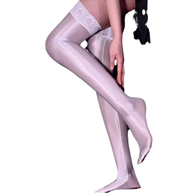 

80D Women Sexy Oil Shiny Thigh High Stockings Lace Top Pantyhose Long Silk Stockings Shaping With Anti-slip Silicone ready stock