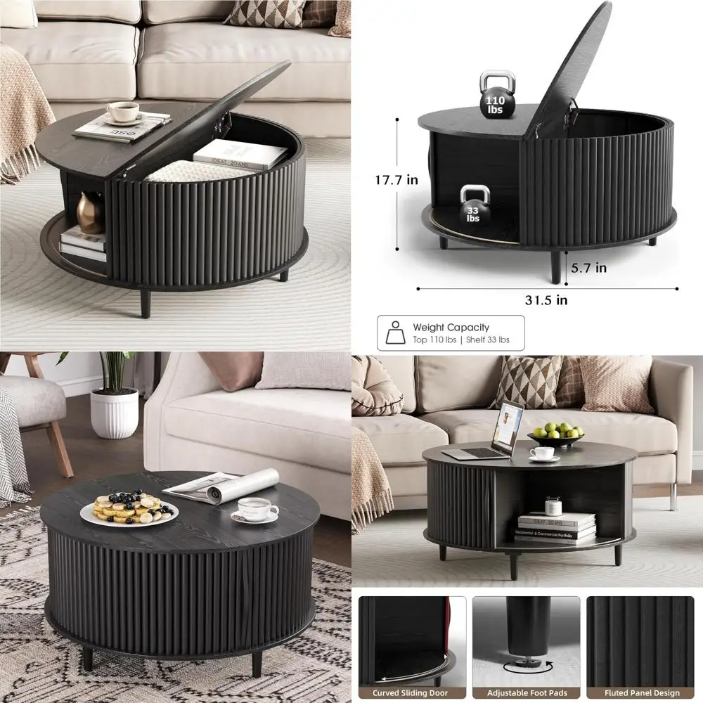 Coffee Table with Storage for Small Spaces, Mid Century Modern Dining Table with Sliding Door for Living Room, 31.5 Inches
