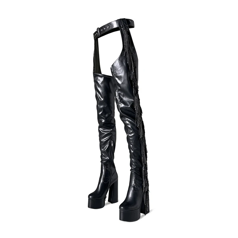 2025 Botas por encima de la rodilla con cremallera lateral negra y borlas 36-47 Botas de baile de tubo de acero con cabeza redonda y plataforma impermeable Botas de tacón grueso de 15 cm