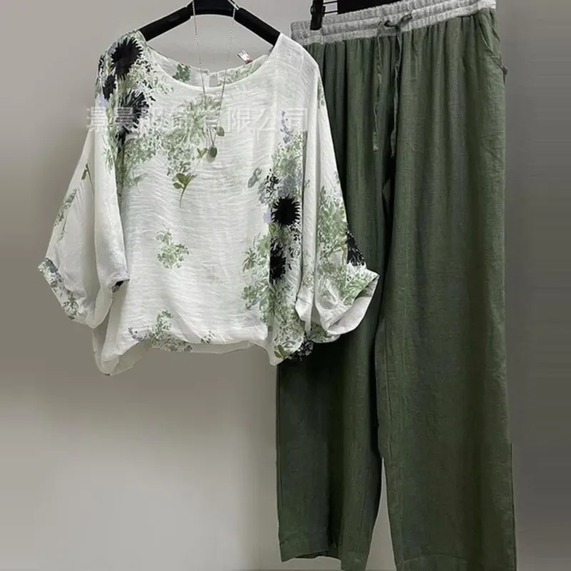 

Casual 2 Piece Set Women Outifit Fashion Floral Print O Neck Blouse Top + Wide Leg Pants Sets Female Spring Loose Trousers Suit