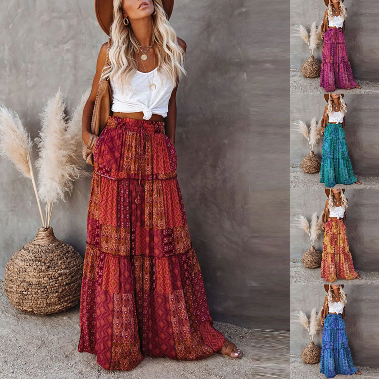 Ladies’ Fashion Bohemian Flower Printing Elastic Waist Pleated Skirt Loose Casual Vintage High Waist Tie A-Line Long Skirt