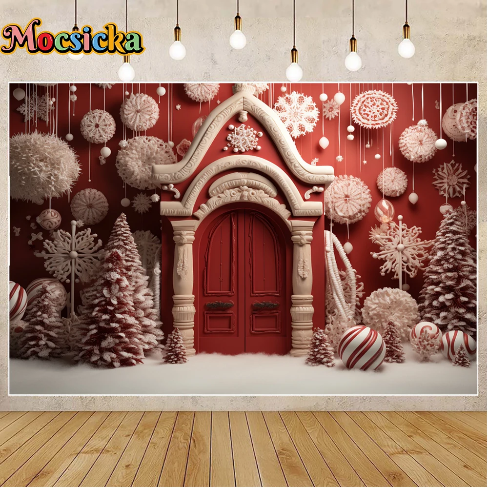 Mocsicka พื้นหลังสำหรับฤดูหนาวสำหรับถ่ายภาพคริสมาสต์ประตูลูกอมสีแดงต้นไม้คริสต์มาสวันหยุดงานปาร์ตี้ครอบครัวถ่ายภาพฉากหลังสตูดิโอ