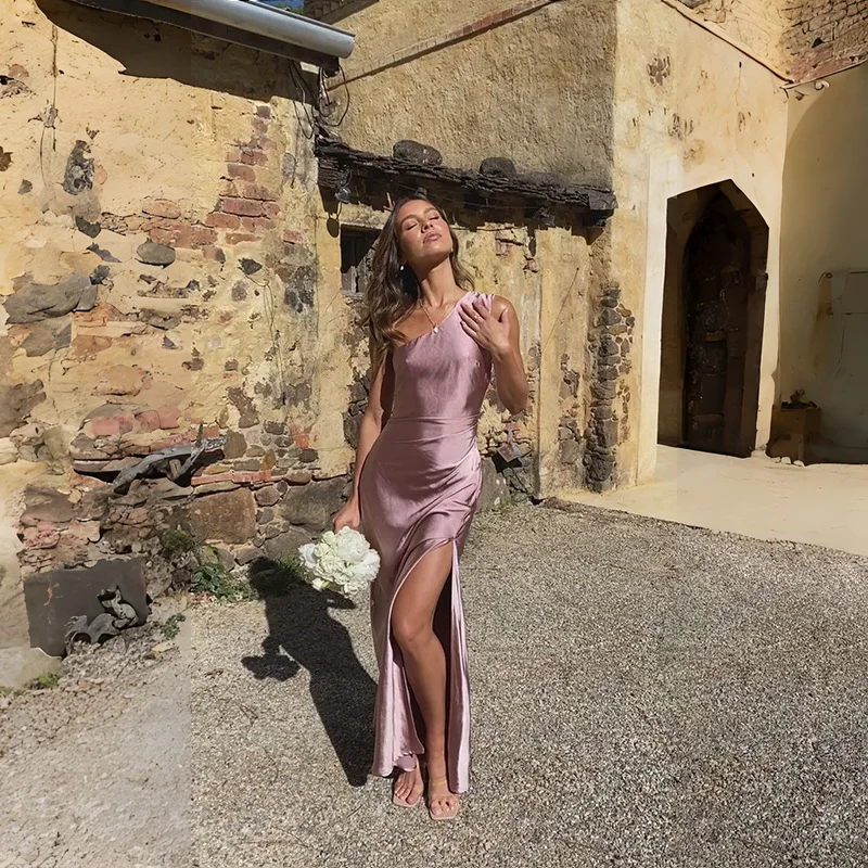 2026 Damen Sommer Sexy Party Einfarbiges Ärmelloses Rückenfreies Langes Kleid mit Hohem Schlitz Satin Maxi-Abendkleid für Hochzeitsgäste Cocktail-Events – Detail 15