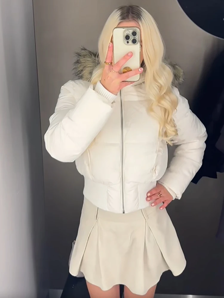 Women Faux Fur Hooded Crop Cotton Jacket Elastic Waist Zip Up Ribbed Hem Short Padded Coats Y2k Winter Warm Streetwear Outerwear