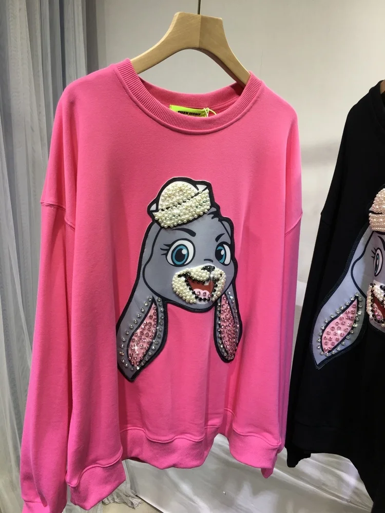 Pink Beading Lovely Cartoon Age Reduction Women Sweatshirts Lazy Wind Loose Long Sleeve Pullovers Top Autumn Streetwear Hoodie