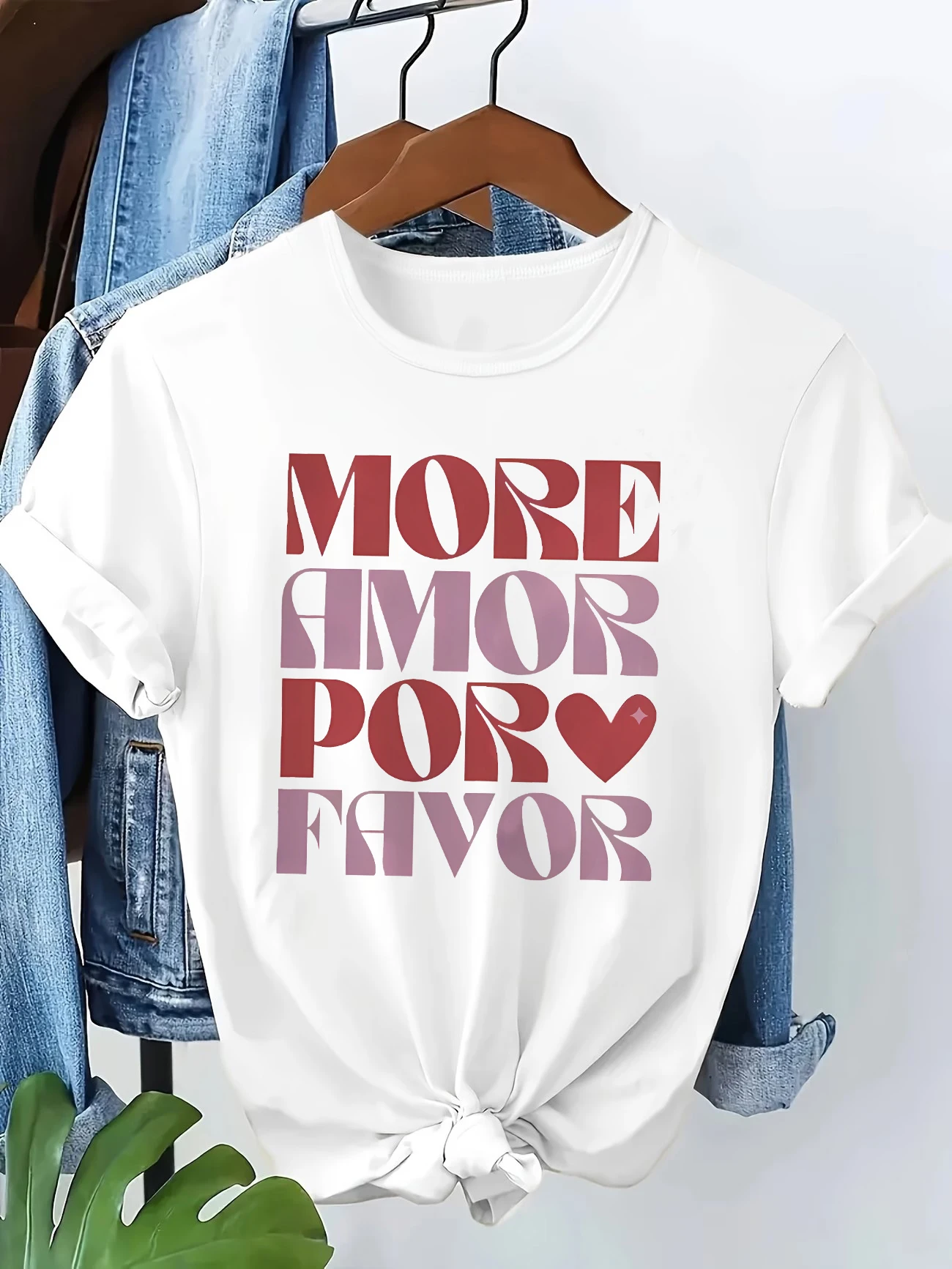 Y2k 90s MORE AMORE POR FAVOR Women's Casual Short Sleeve Crew Neck T-Shirt Print with Hearts Harajuku Short Sleeve T Shirt