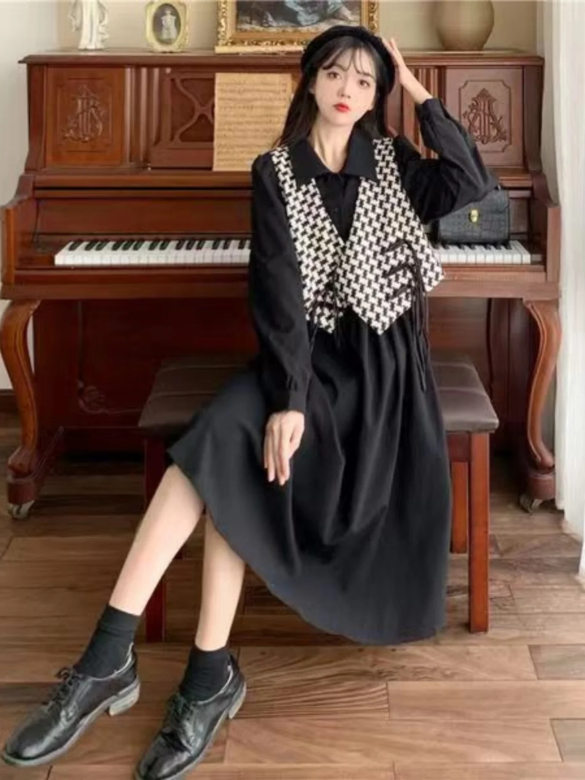 Plus Size 300 Pou Dr Set Autunno Inverno Carne Sciolta Nascondere Gilet scozzese irt Dr Set a due pezzi Faion cinese da donna