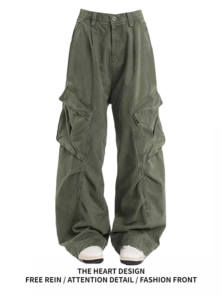 

American Retro High Street Pleated Work Pants Women's Spring Autumn Loose Wide Leg Slim Straight Cotton Casual Trousers