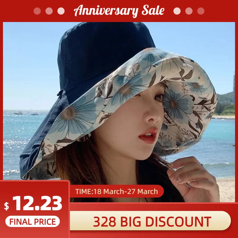 Summer Printed Reversible Fisherman's Hat Women Large Brim Sunscreen Shade Hat UV Sun Hat Soft 56-58cm