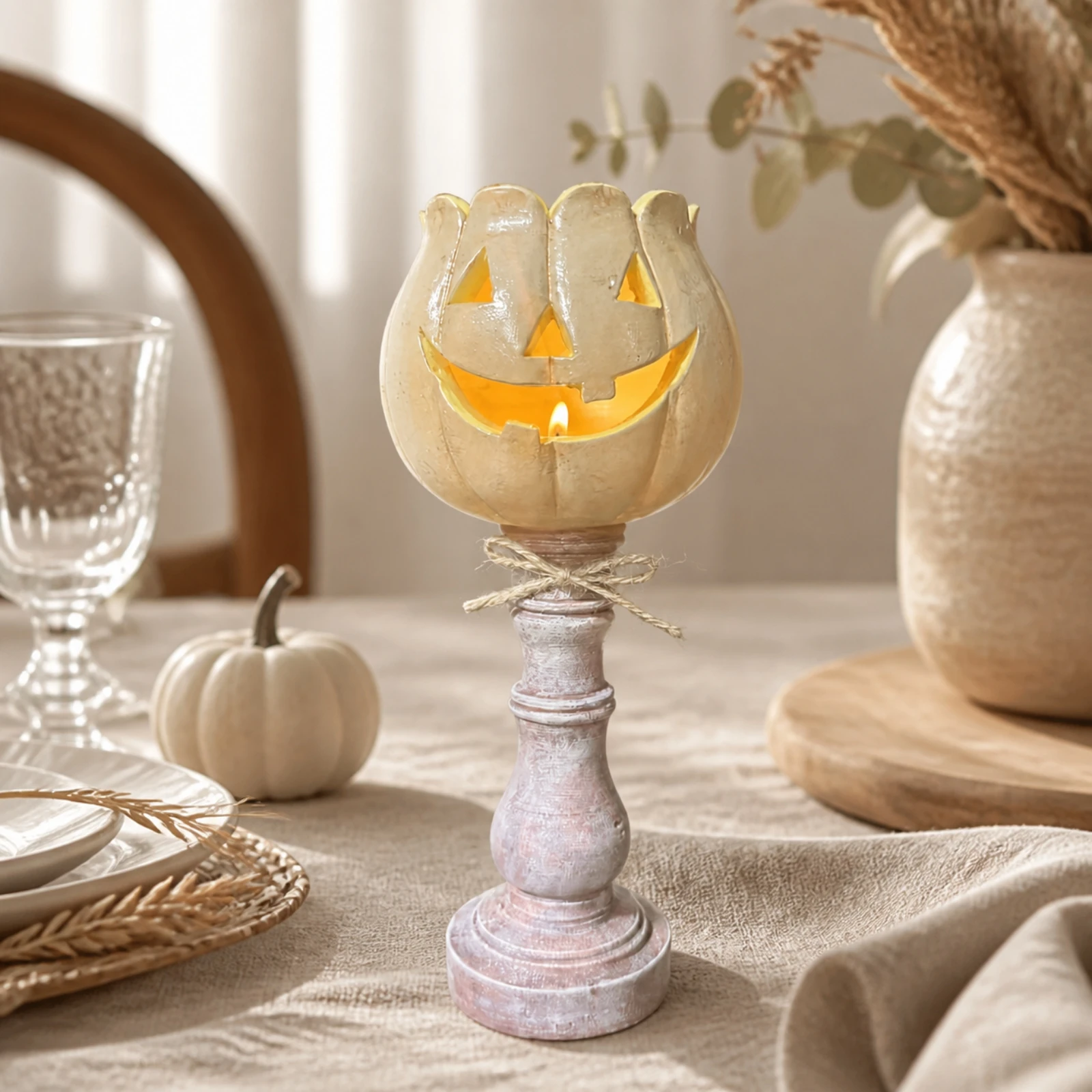Resin Pedestal Pumpkin Candle Holder Rustic Resin Pumpkin Candle Holder with Bow Tabletop Decor Textured Artisan Look