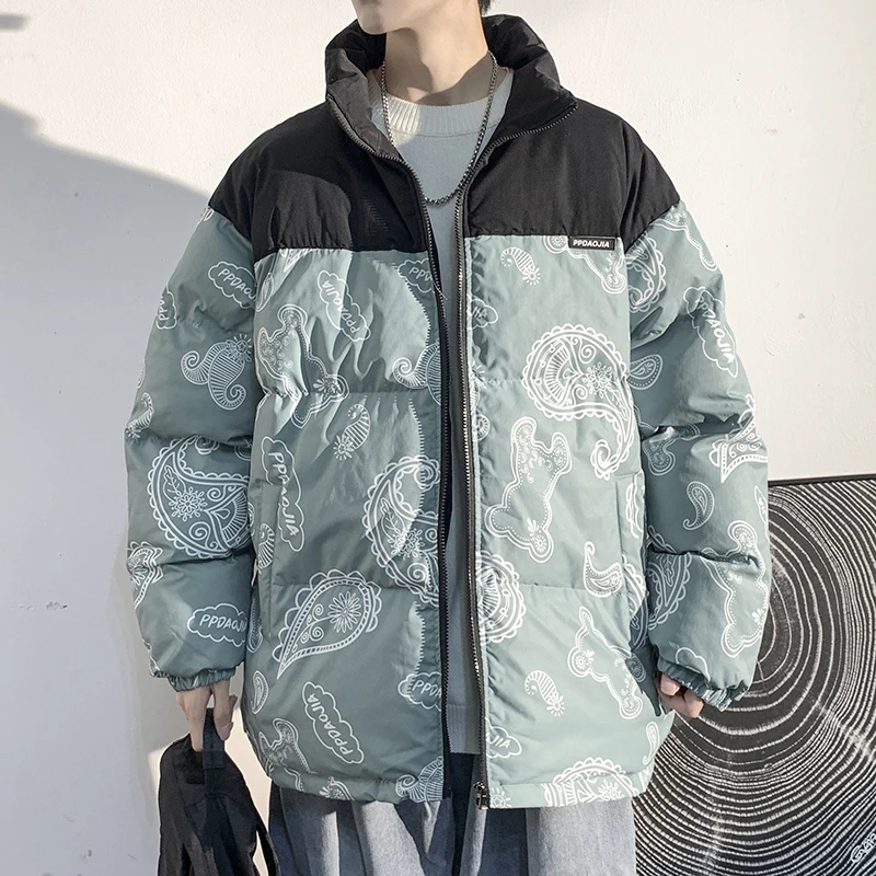 Men Japanese Streetwear Puffer Jackets 2023 Winter Mens Full Print Fashions Bubble Coat Couple Patchwork Thick Parkas