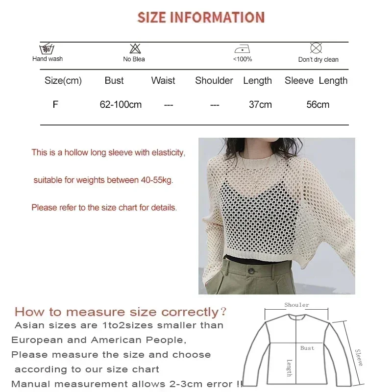 EVNISI Summer Women Loose Casual Tops Hollow Out Sexy T-shirt Knit O-Neck Long Sleeve Y2K Smock Shirt Beach Solid Tees 2024