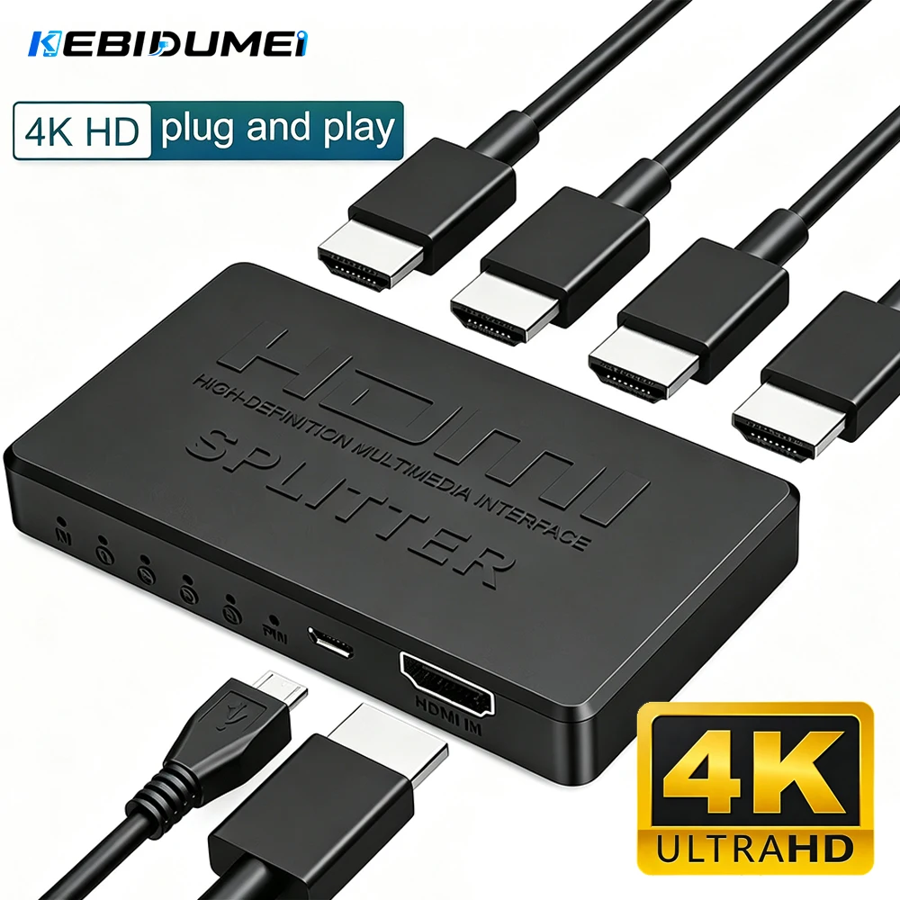 KEBIDUMEI 4K 2K HDMI-compatible Splitter 1 in 4 out 4x1 HDTV Switch HDMI-compatible Adapter HD Video Switcher for Xbox DVD PC