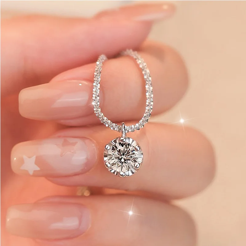 Sparkling Sterling Silver Necklaces Women\'s Fashion Versatile Chain Clear Zircon Pendant Clavicle O-Chain Necklace for Women