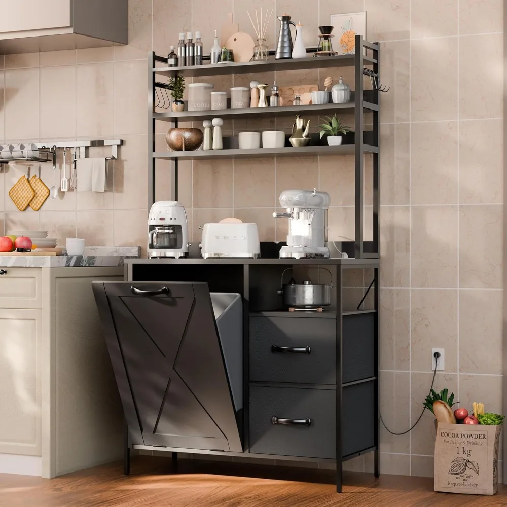 

66" Kitchen Bakers Rack with Tilt-Out Trash Cabinet, Tall Coffee Bar Station with Power Outlet, Microwave Stand with Removable D