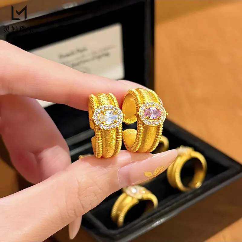 

9999 24K real gold luxury jewelry dot diamond brushed pigeon egg ring solid open ring middle-aged style women's gift