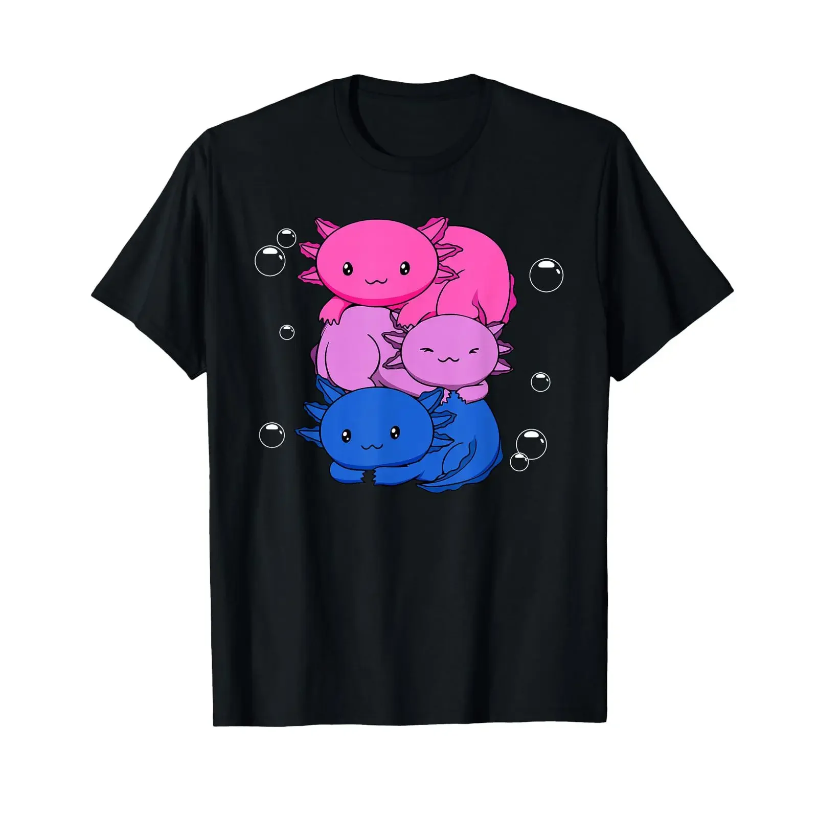 Kawaii Axolotl Pile Bisexual Pride Flag Bi LGBTQ T Shirt vintage Washed streetwear Stretched Unisex Top For Everyday Wear homme