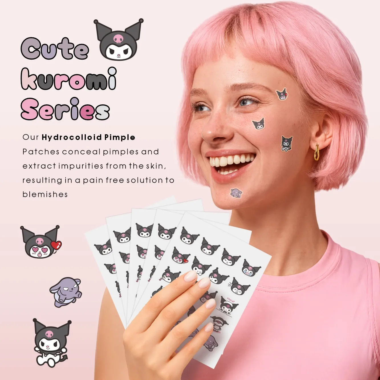 40/100PCS  Adorable Cartoon Kuromi Soft Zit Cover Stickers, Clear Hydrogel Facial Spot Patches view 2