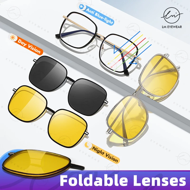 LM 3 in 1 Polarized Magnetic Clip Sunglasses Men Women Day Night Vision Foldable Lenses Anti-Blue Light Glasses Frame Men Square