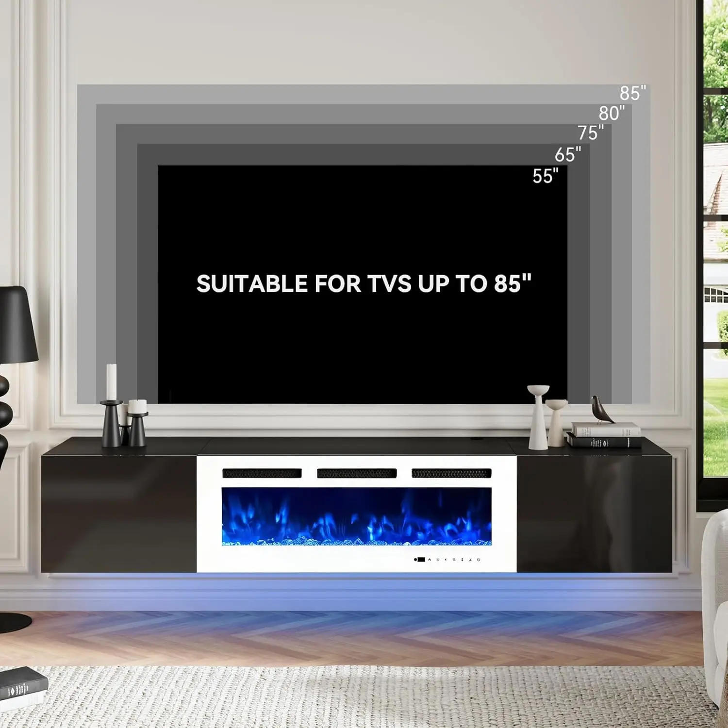80'' Floating TV Stand 40'' Electric Fireplace Wall Mounted Storage 90'' TV 12-Color LED Media Console Living Room, Customized 6