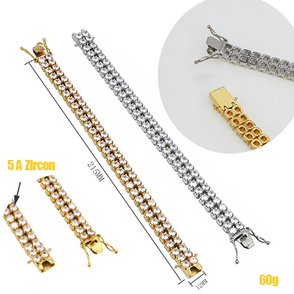 12mm 2 Rows 316L Stainless Steel Tennis Chain Bracelets For Men Bling Hip Hop No Fade Hand Chain Bangles Gothic Jewelry