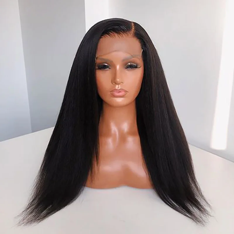 Wig Depan Renda Lurus Keriting Harian dengan Kepadatan 180 Yaki Hitam Alami 26 Inci Panjang Tanpa Lem Telah Dipetik dengan Rambut Bayi untuk Wanita