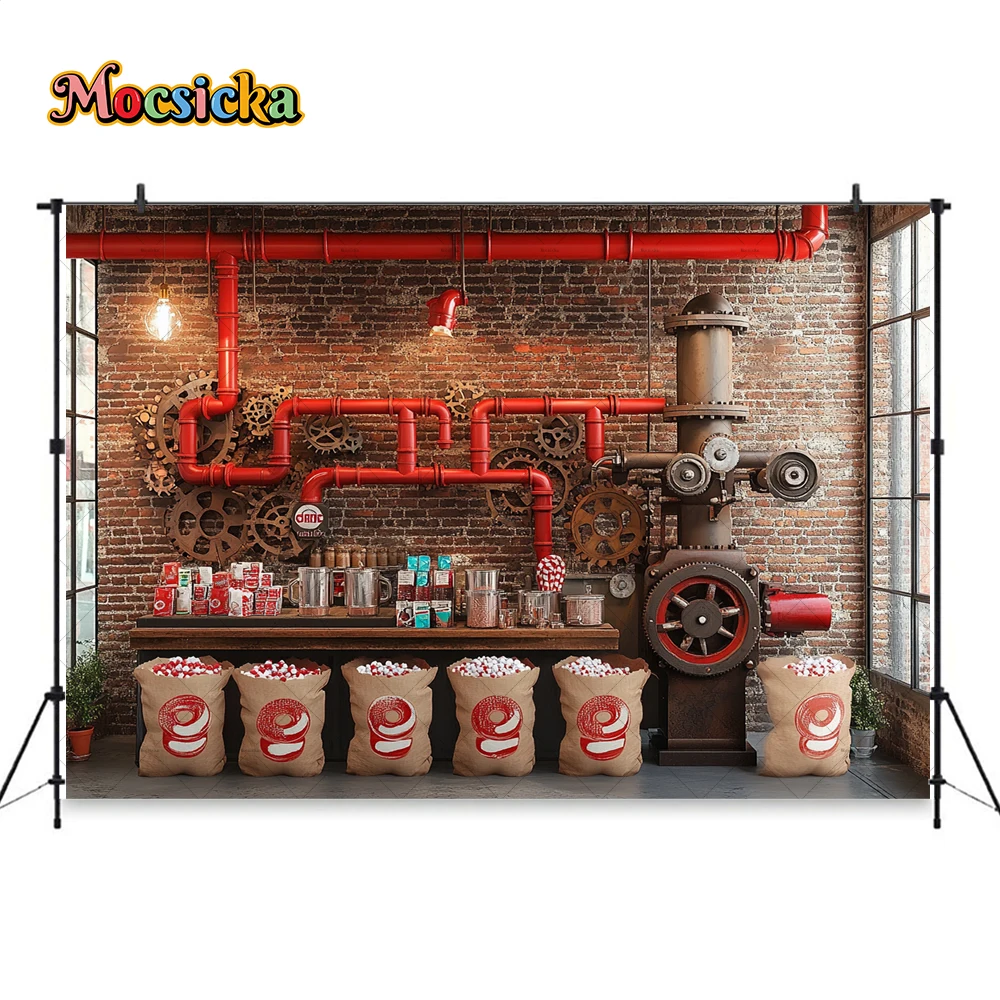 Retro Christmas Candy Factory Background Photography Santa Claus Workshop Red Brick Wall Backdrop Xmas Portrait Studio Decor