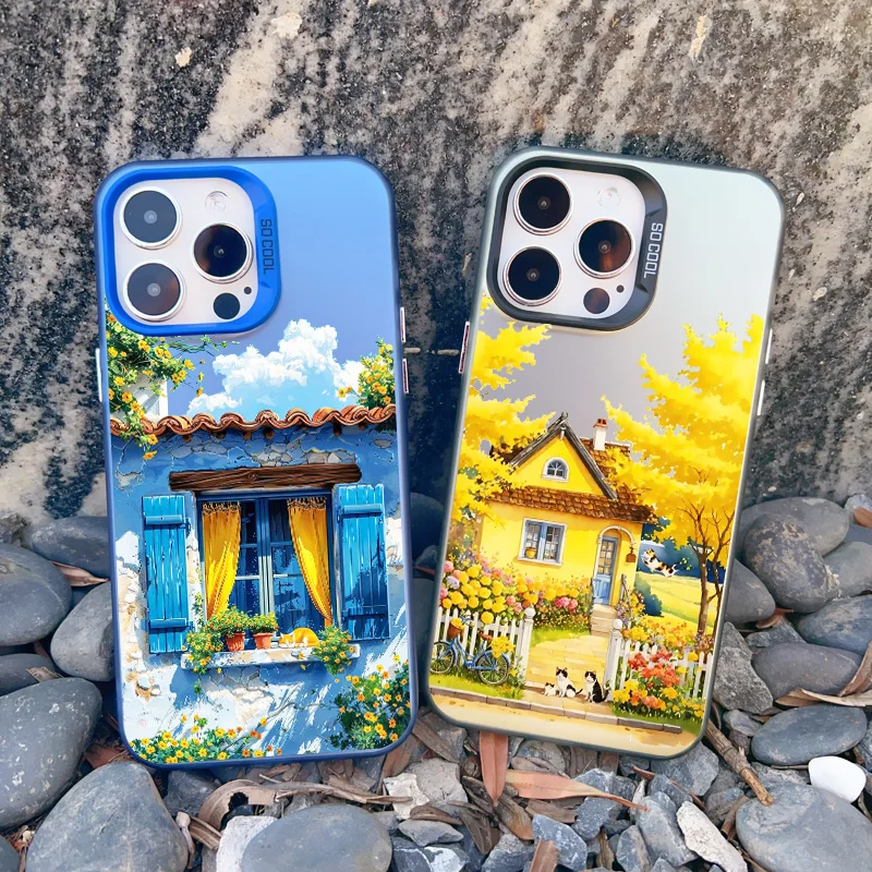 

Vacation Villa House Scene Landscape Laser Phone Case for iPhone 14 11 15 Pro Max Plus 16 12 13 MIini Pro Max Cartoon Back Cover