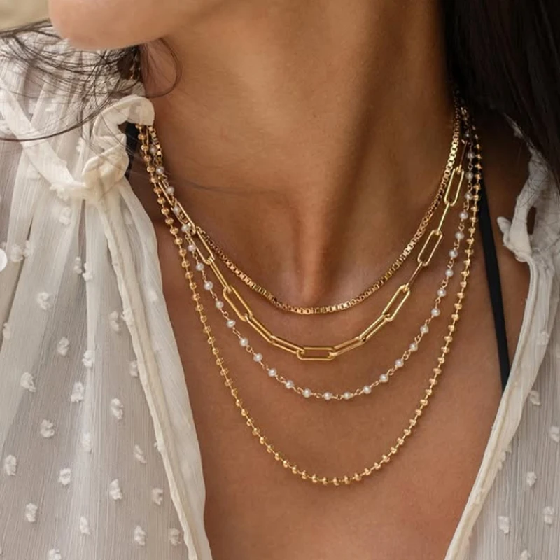 4pcs/Set Simple Gold Color Necklace Set For Women Paperclip Pearl Bead Chain Stackable Necklaces Daily Party Wear Jewelry 2026