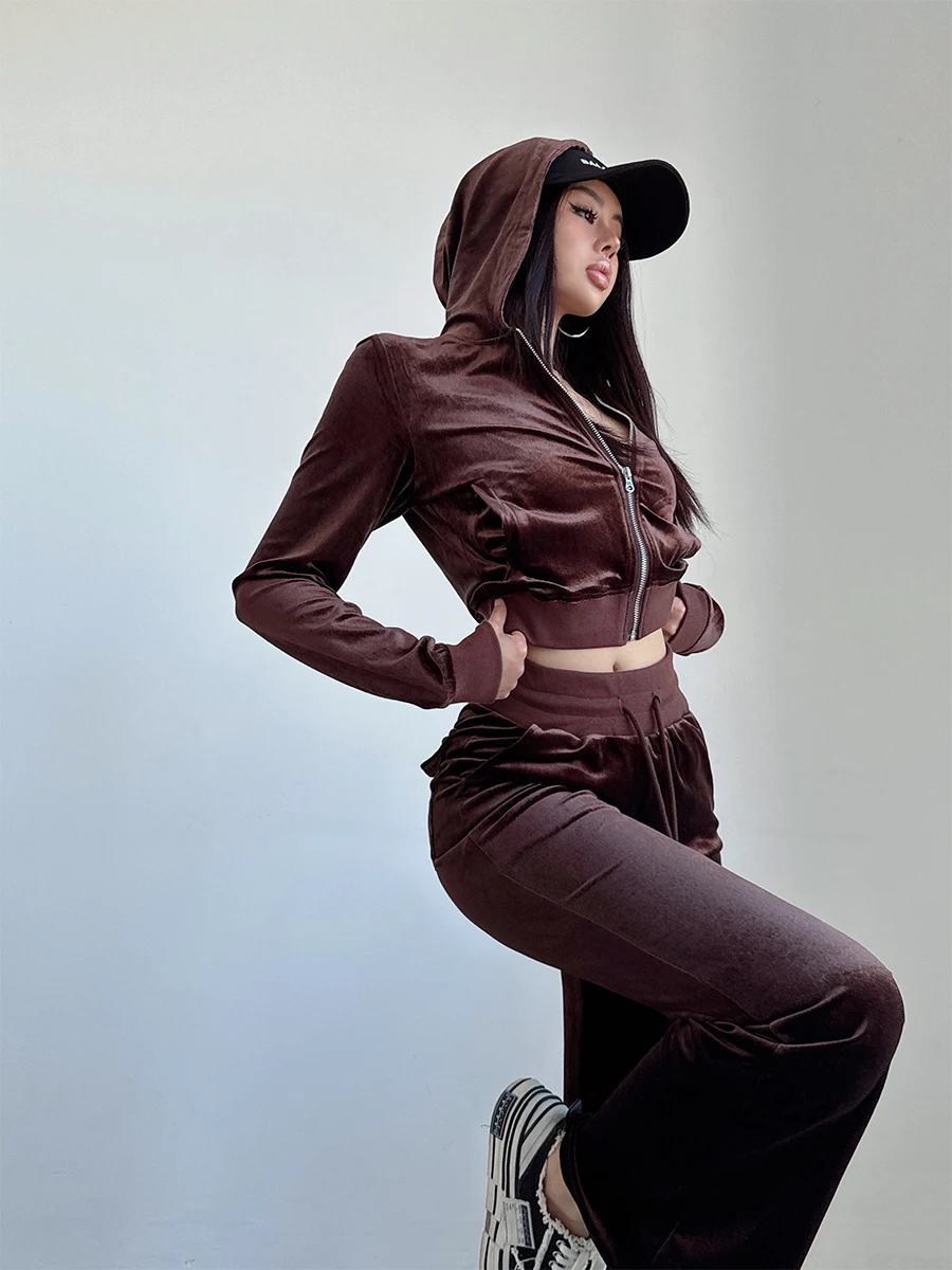 Liviahome American Sle Spicy Girl Velvet Leisure Sports Set Dames Herfst Winter Nieuwe lange broek Tweedelige set Faionable
