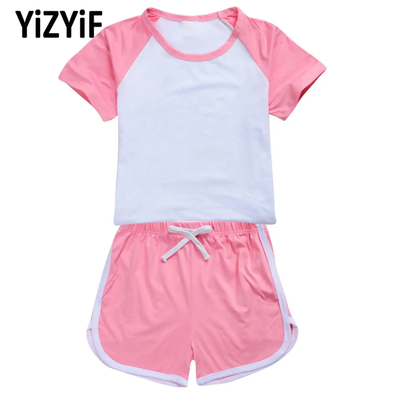 

Kids Girls Boys Color Block Sports Outfit Short Sleeves T-shirt with Bowknot Shorts for Jazz Hip Hop Dance Yoga Gym Workout