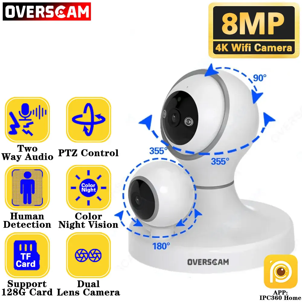 8MP 4K IP Wifi Camera Dual Lens Outdoor Surveillance Cameras CCTV Ai Human Detect Waterproof Full Color Night Vision IPC360 Home