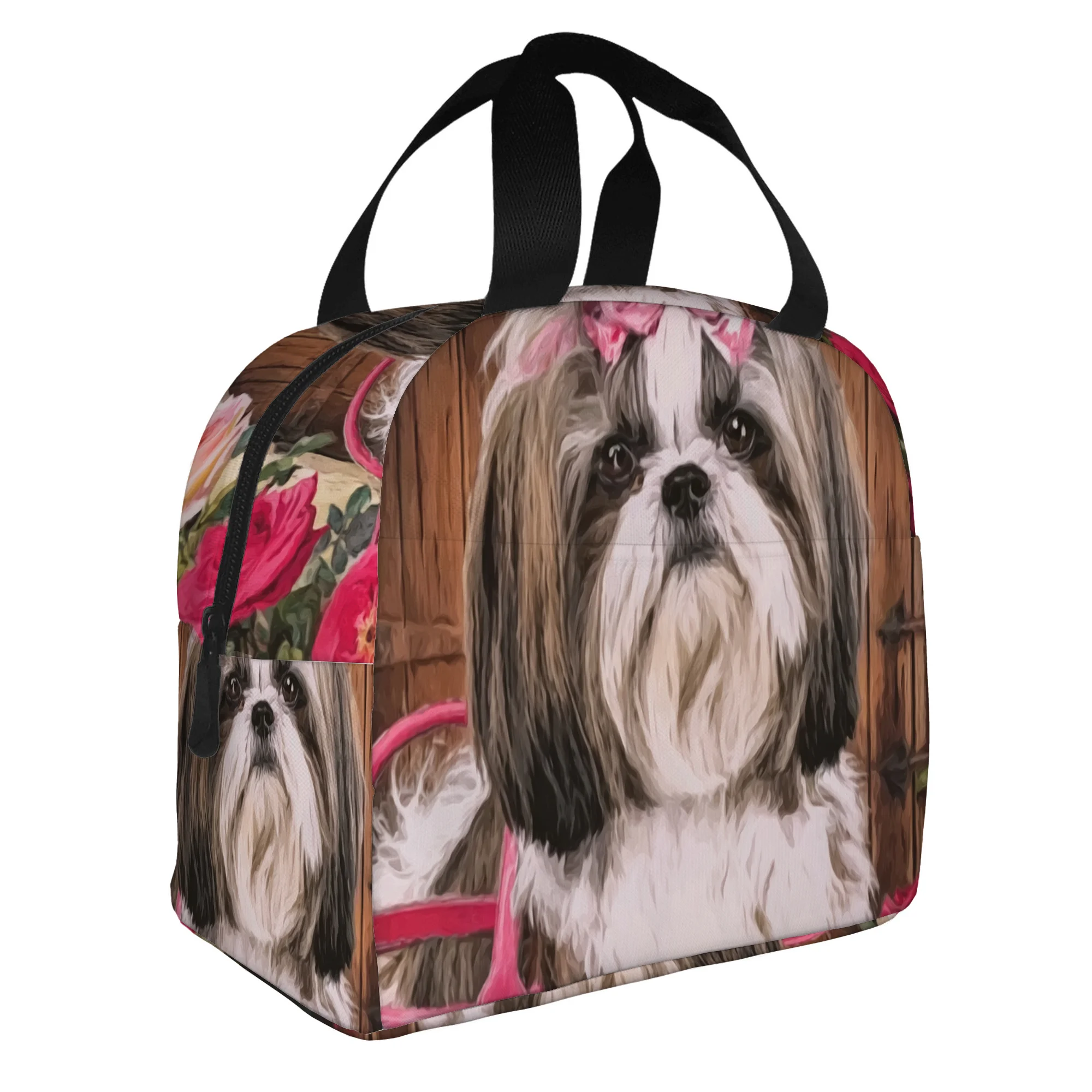 1pc, Shih Tzu with Bow and Roses Printed Thermal Insulation Bag, Not for Food Contact, Suitable for Home, Restaurant