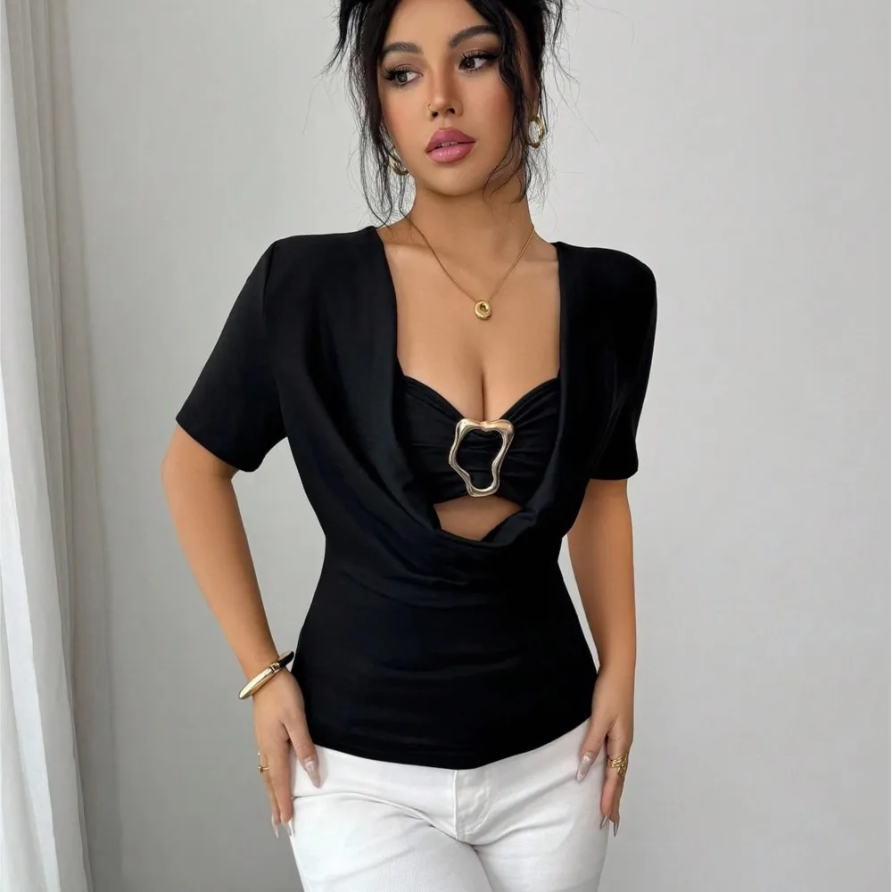 New Swing Neck Metal Buckle Fake Two-piece Set Hot Girl Short-sleeved Top For Women's