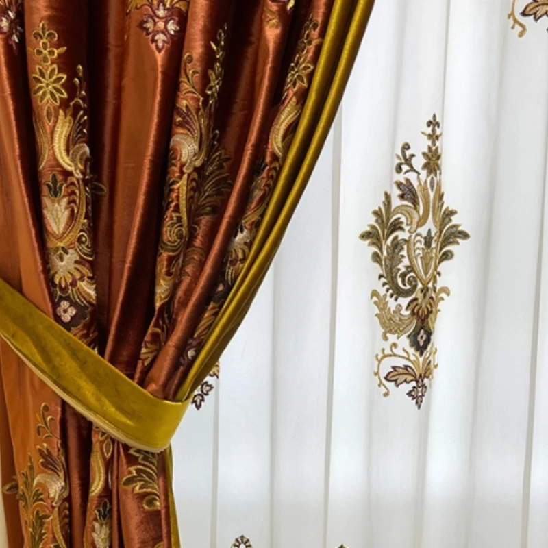 

Custom Size White Tulle European Red Velvet Color Patchwork Elegant Luxury Sheer Curtains for Living Dining Room Bedroom Door
