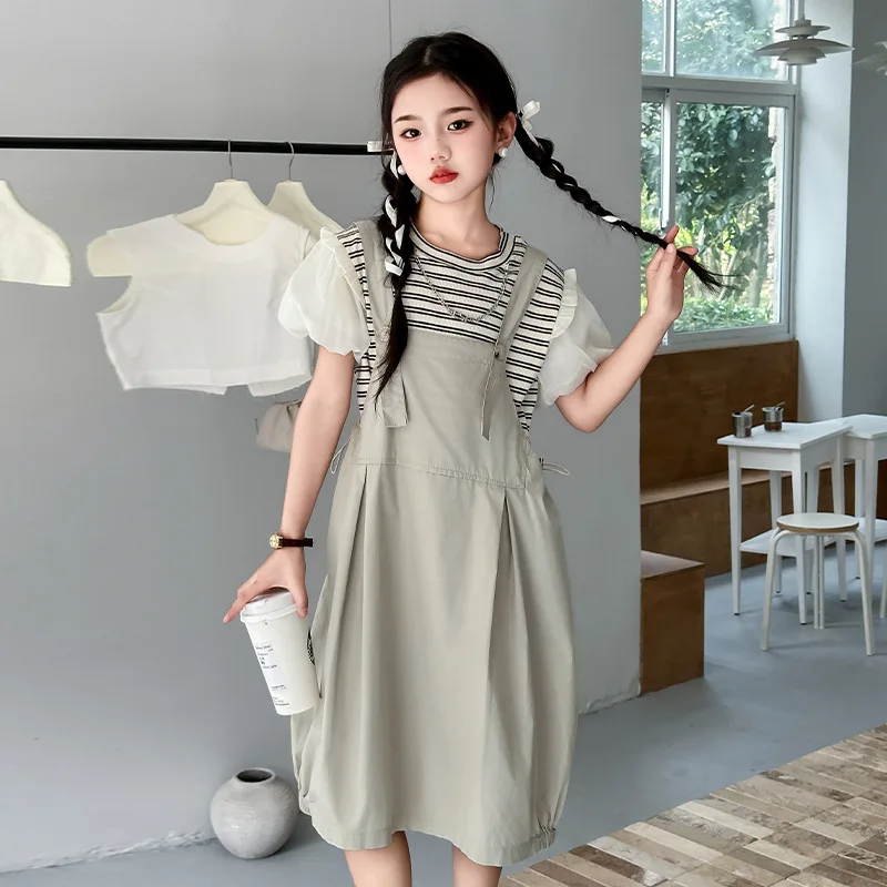 

Girls Suits Suspenders Set Summer 2024 New Fashion Korean Version Women Children Foreign Air Bubble Sleeve Skirt Two-piece Set