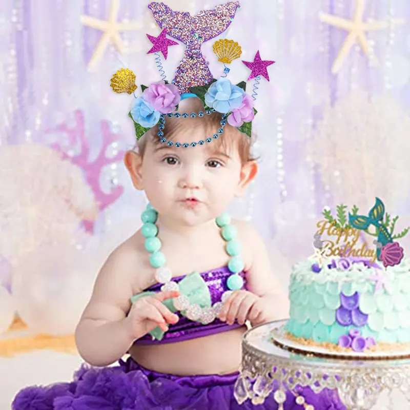 Little Mermaid Party Crown Headband Mermaid Tail Shell hat Headpiece Hair Hoop Girl 1st Birthday Party Mermaid Hair Accessories