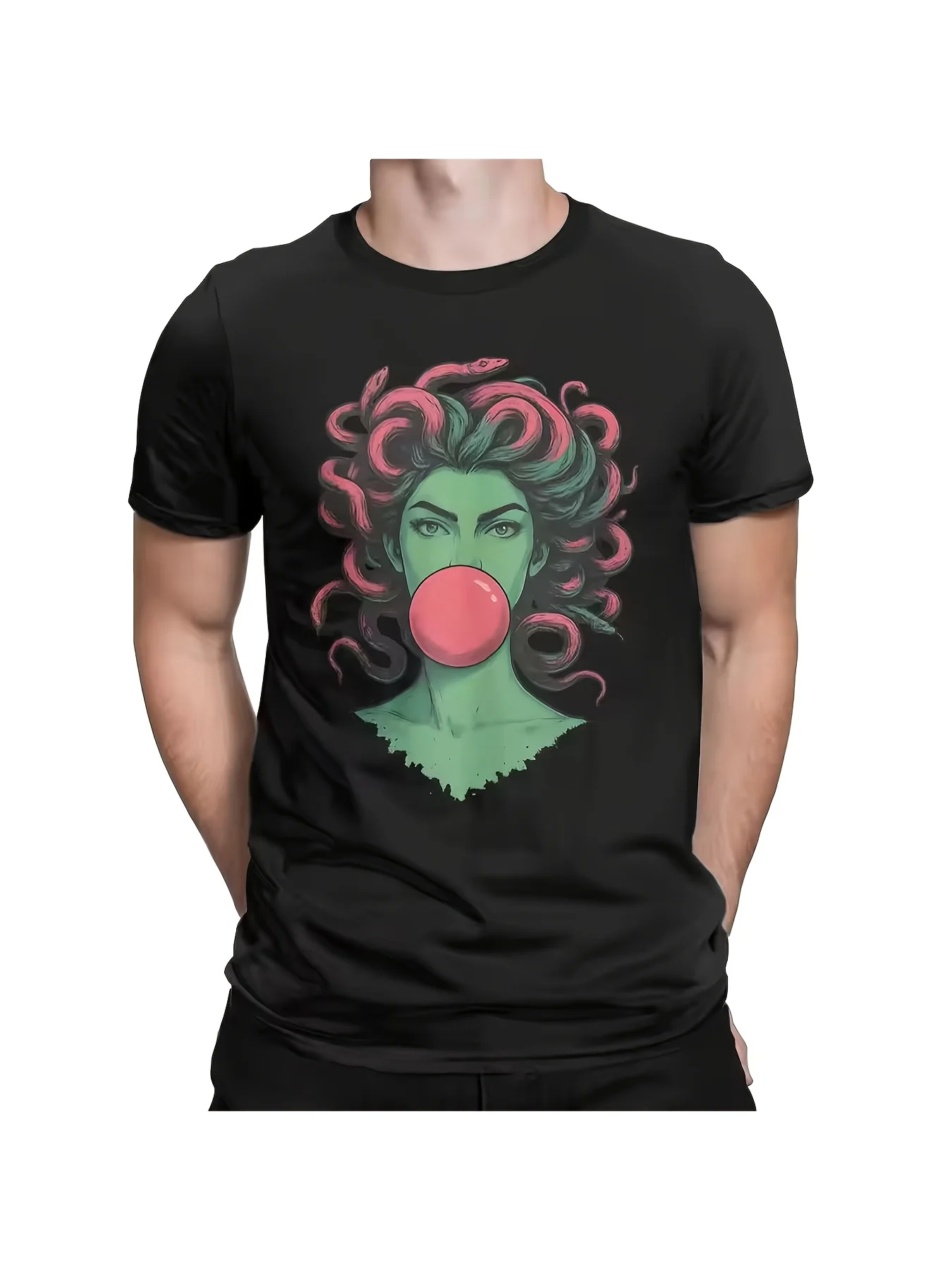 Men's Medusa Bubble Gum Mythical Serpent Pattern T-shirt - Greek Mythical Pattern Medusa and Snake Group Design T-shirt
