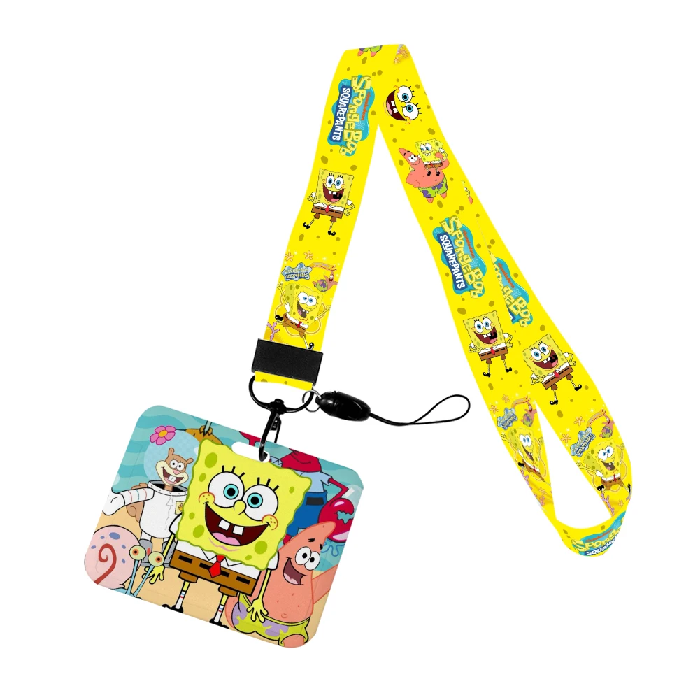 Cartoon SpongeBob ID Card Employee Card Badge Holder ID Card Holder Lanyard Mobile Phone Keychains Lanyard Rope for Keys