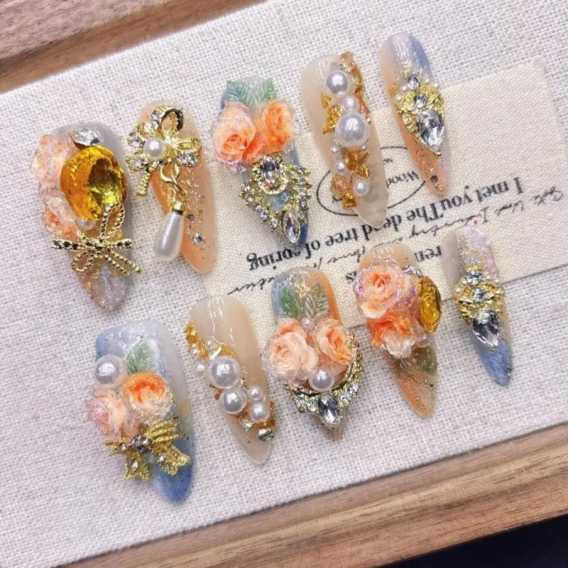 

Luxury Press On Nails French Romantic Style with Alloy Gems Crystal Pearls Resin Flowers Elegant Glam Design for Party Wedding