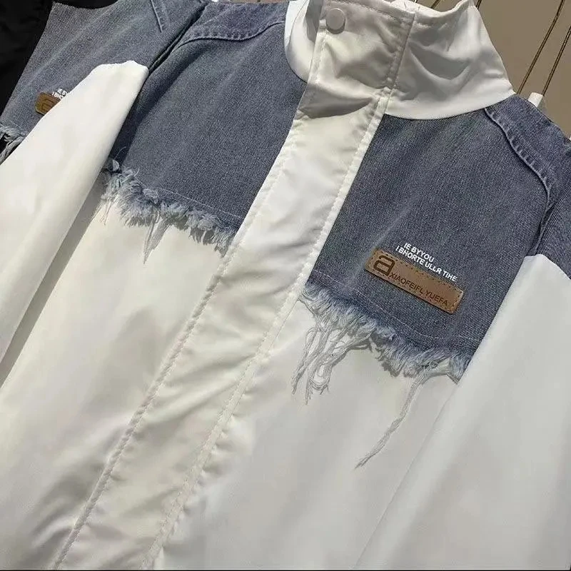 

Jeans Ladies New Short Zipper Coat Lapel Coat Stitching Unique casual Joker Stitching Unique Casual Pocket Denim Office Jacket