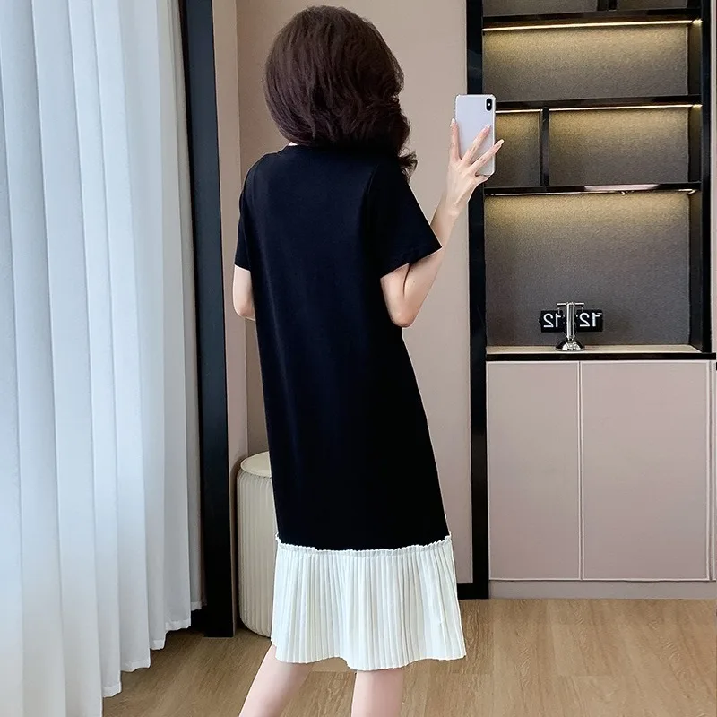 Vrouwen Casual Lange Jurk 2025, Zomer Geplooide Stiksels, Middellange Jurk, Dames Koreaanse Stijl Slanke Ronde Hals T-shirt Losse Jurk