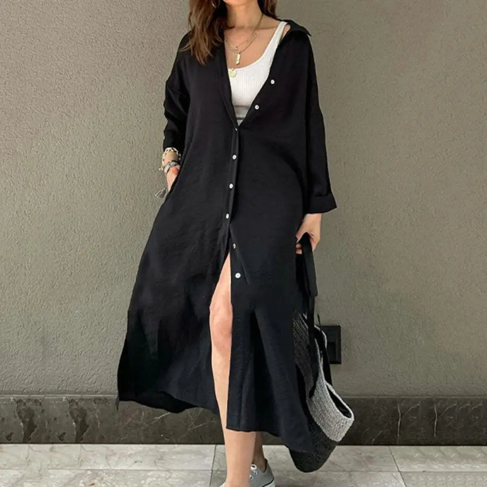 Side Slit Midi Dress Women Shirt Dress Stylish Women Lapel Shirt Dress Long Sleeve Side Split Hem Cardigan Dresses Streetwear