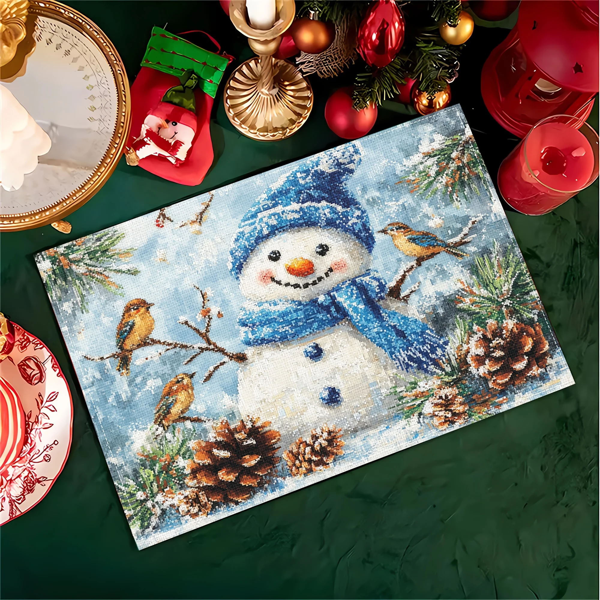 Elegant Golden Christmas Tree With Sparkling Star Border On Red Background Linen Placemat For Winter Holiday Table Setting
