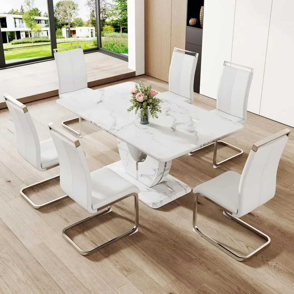 Modern Dining Table Sets, Faux Marble Dinings Room Tables Set , Rectangle Kitchen Table Chairs Set of 6, Dining Table and Chairs