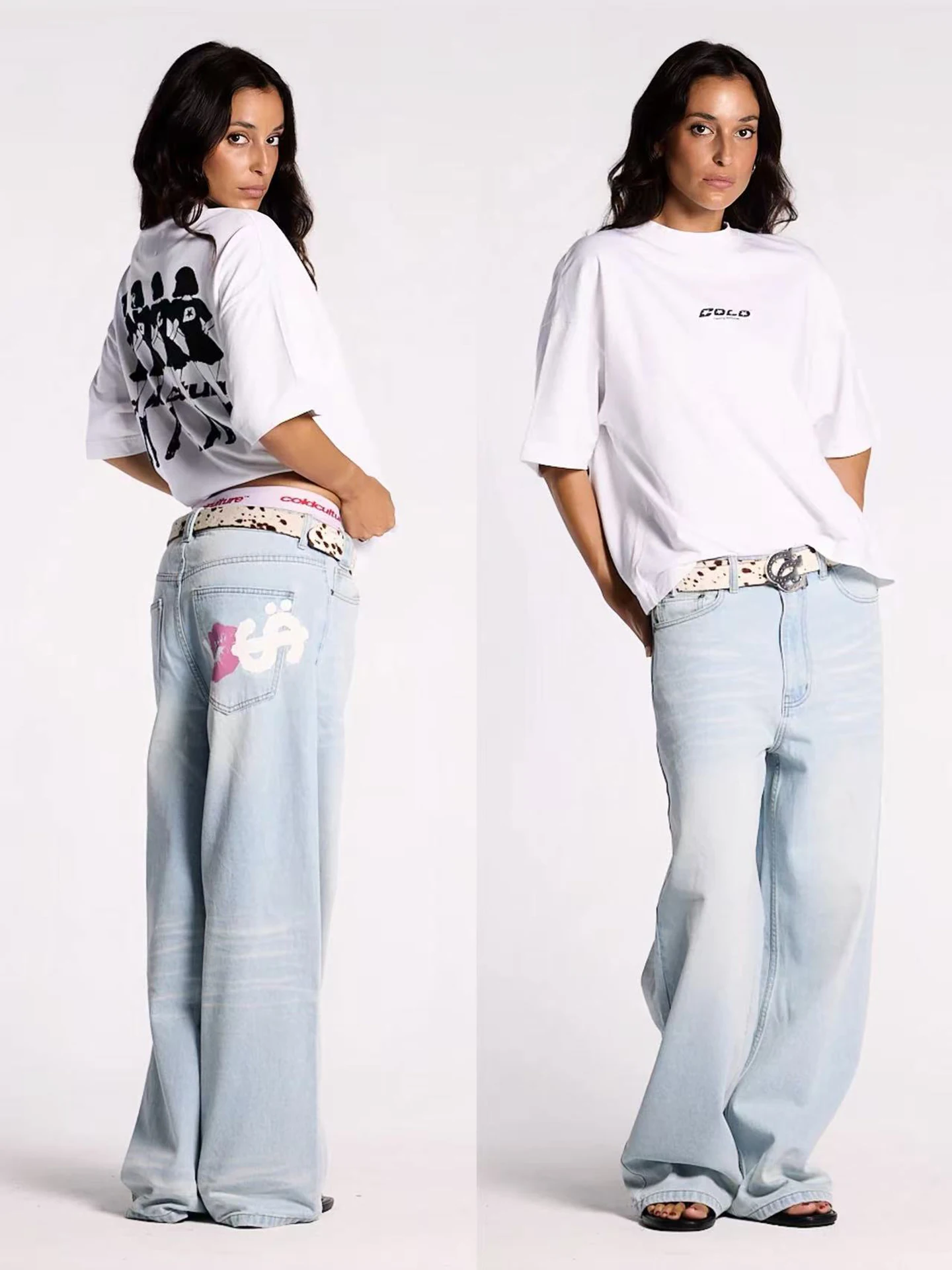

Earnings And Expenditure Blue Wide Leg Straight Jeans Men Women Casual Washed Natural Waist Zipper Pocket All Seasons