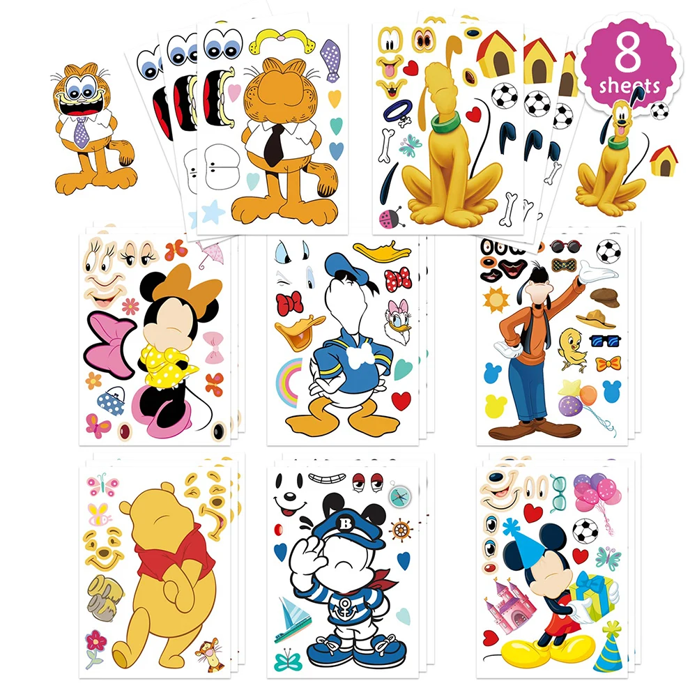 8Sheets Disney Cartoon Puzzle Stickers Make-a-Face Mickey Donald Duck Cute Children DIY Game Jigsaw Kids Toys Party Decoration