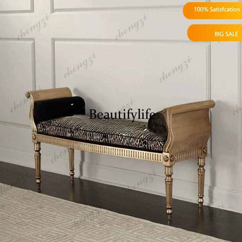 American neoclassical solid wood carving flower shoe stool French gold old leopard print fabric bedside stool